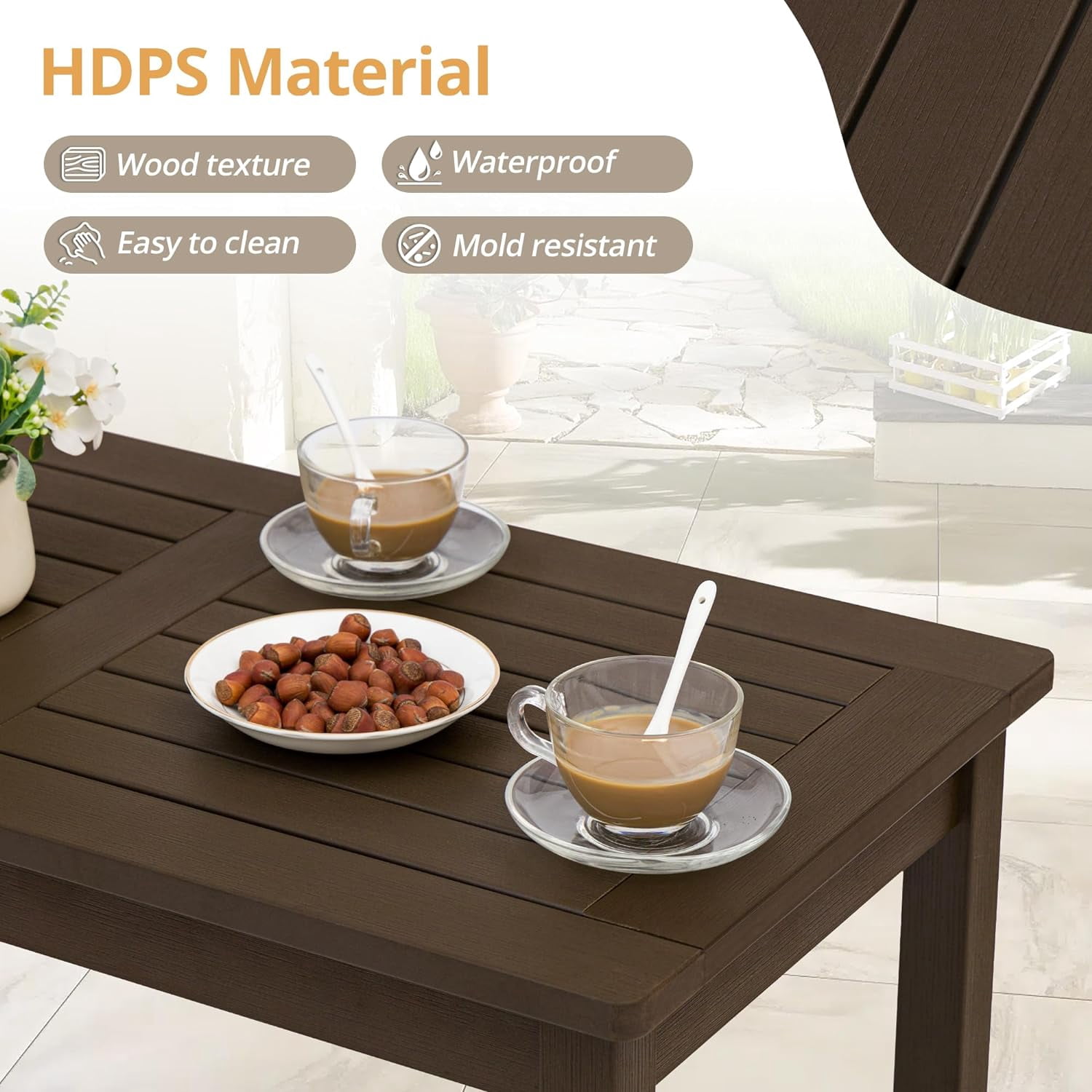 Dycanpo Outdoor Coffee Table Rectangle, HDPS Patio Tables for Outside, 17.7"x 35"x17.7", Dark Brown