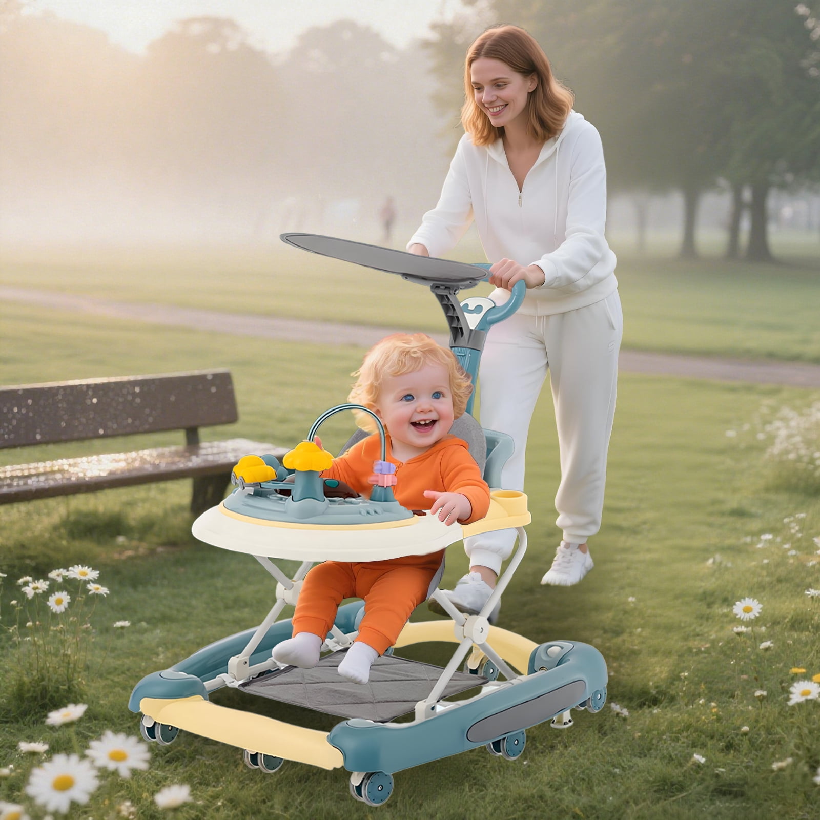 ManyFun 5-in-1 Baby Walker, Musical Activity Push Walker with Detachable Awning Footrest, Adjustable Height, Blue