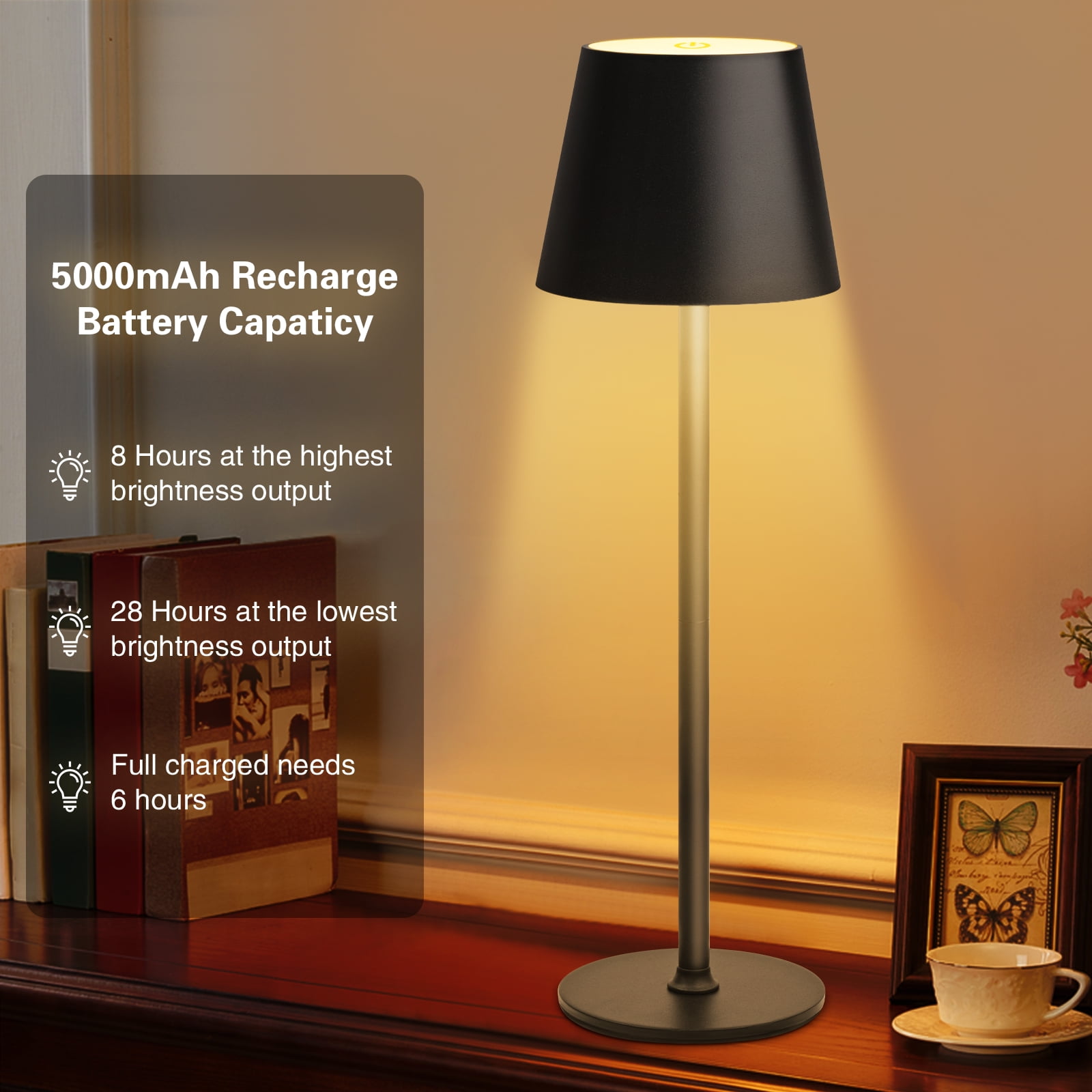 Ikfashoni Cordless Rechargeable 15"Table Lamps, 3 Levels Brightness Desk Lamp for Bedroom Office, Black