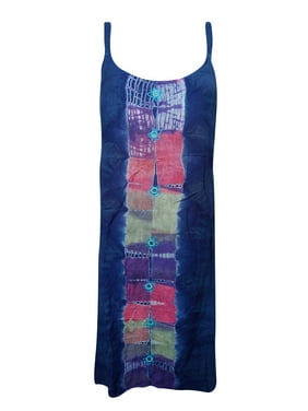 Mogul Womens Shift Tank Dress Stonewashed Blue Floral Embroidered Tie Back Boho Hippie Chic Dresses