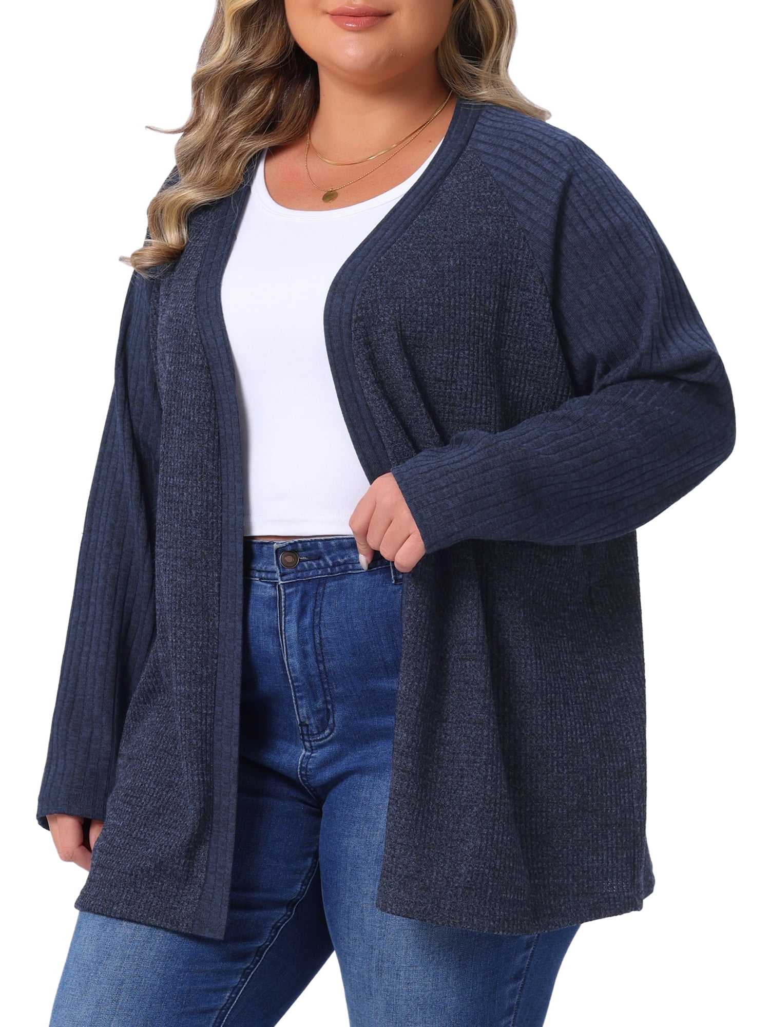 DARING DIVA Women's Plus Open Front Long Sleeve Lightweight Cardigans 3X Dark Blue