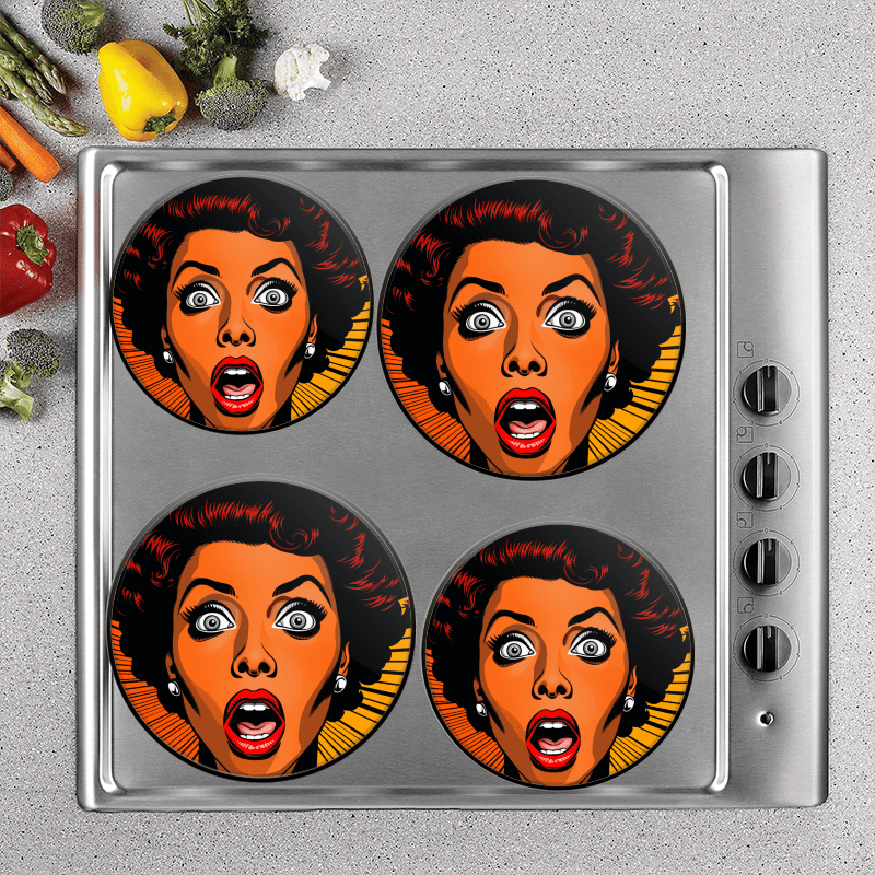 BaHomeck Electric Stove Burner Covers Set of 4,Round Metal Gas Stove Burner Covers 8 Inch and 10 Inch,Kitchen Decor,Black Woman With Shocked Facial Expression