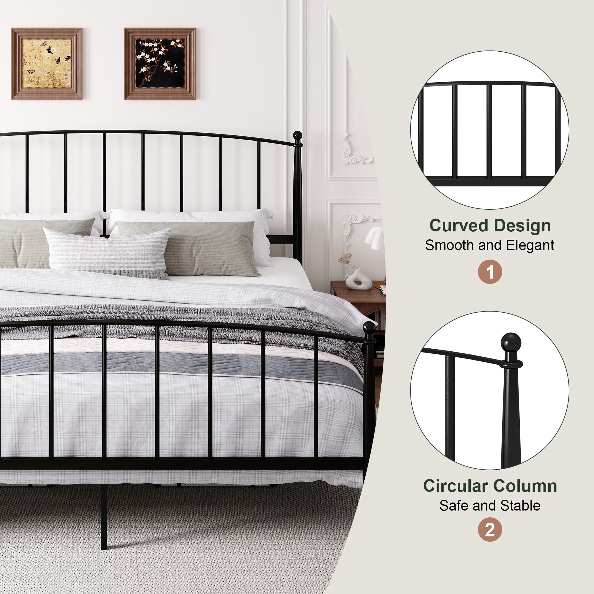 Amolife King Bed Frame, Metal Platform Bed with Curved Headboard and Footboard, Ample Under-Bed Storage Space, No Box Spring Needed, Black
