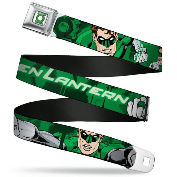 DC Comics Belt, Seatbelt Buckle Belt, Green Lantern Green Glow Text, 30 to 44 Inches