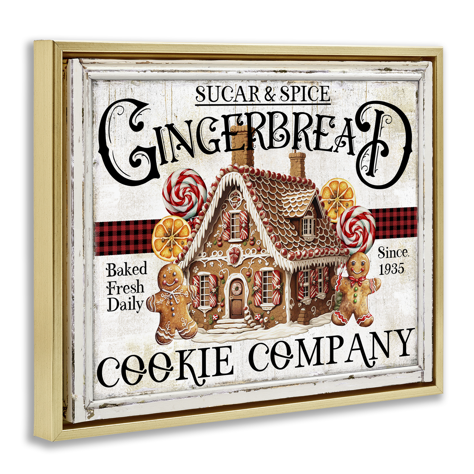 Stupell Industries Gingerbread Vintage Sign Holiday Painting Gold Floater Framed Canvas Art Prints Wall Art, 31 x 25