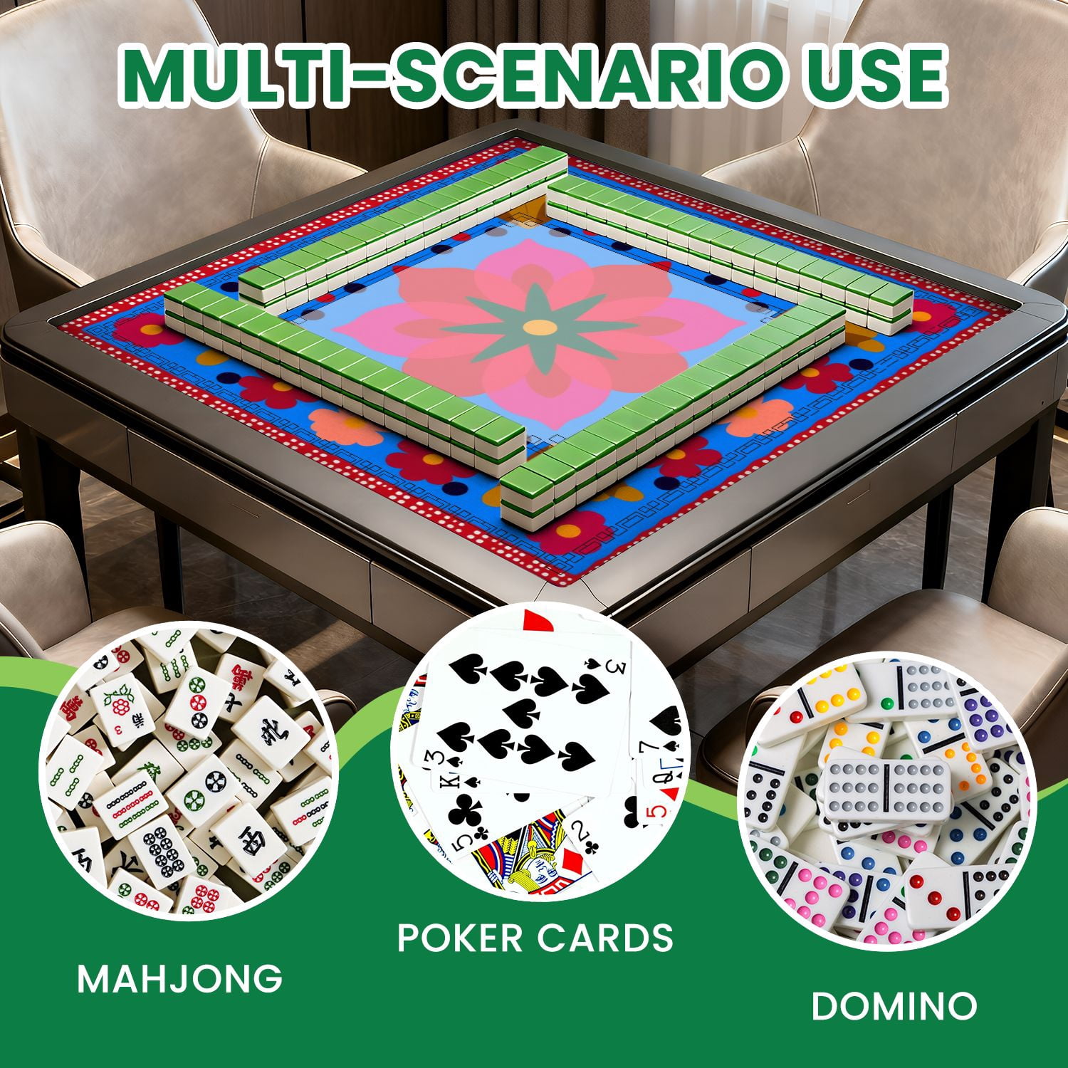 Mahjong Mat 31.5" x 31.5" Colorful Floral Folk Art Bold Geometric Shapes Non-Slip Noise Reduction American Mahjong Tiles Table Cover for Dominoes Poker Card Board Games Gift