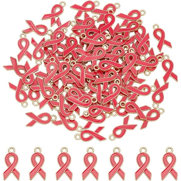 80Pcs Breast Cancer Charms for Women Pink Hope Awareness Ribbon Charms Metal Enamel Ribbon Charm with Loop for Jewelry Making Survivor Public Events Charity Hole 2mm