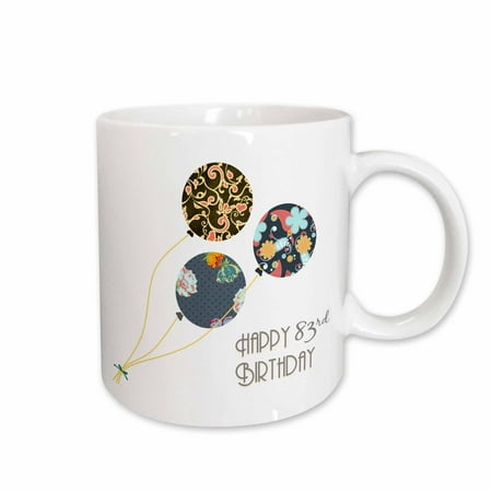 

3dRose Happy 83rd Birthday - Modern stylish floral Balloons. Elegant black brown blue 83 year old Bday Ceramic Mug 11-ounce