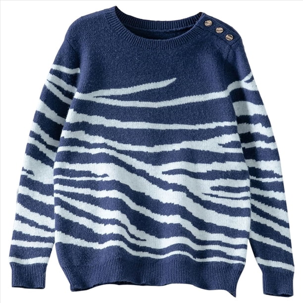 Suéter Informal de Cuello Redondo y Larga para Mujer, Otoño e Invierno, con Rayas en Contraste y Botones en los Hombros Azul Marino XL