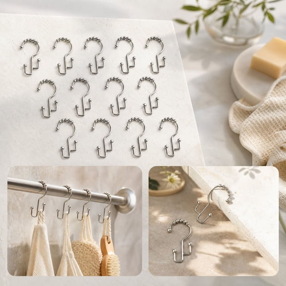 Shower Curtain Hooks,12 Pack Beaded Double Metal Rings Rust Proof Anti Corrosion Finish Smooth Sliding Design,Bathroom Shower Rod Curtain Liner Decor For Household Wet Environment