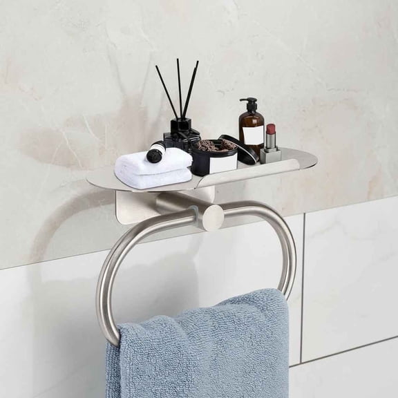 Hand Towel Ring with Shelf, Stainless Steel Hand Towel Holder, Bath Accessories, Wall Mounted Towel Hanger for Bathroom Kitchen (Brushed Nickel)