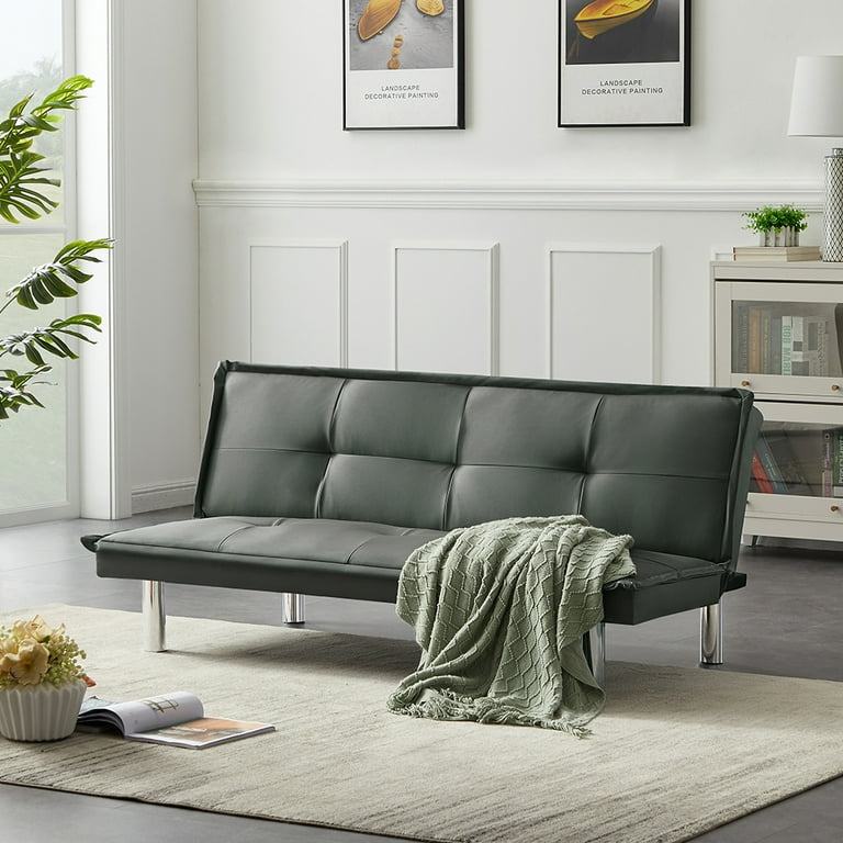 Visentor Futon Sofa Bed Convertible Folding PU Leather Sleeper Couch with Metal Legs Living Room Bedroom Furniture 64 Inch Gray
