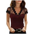 thumbnail image 5 of Women Summer Tops Women Cauasl Sexy Lace Loose V-neck Short Sleeve Top Blouse Thermal Top Thermal Ruffle Shirt Tees Shirt Sleeve Silk V Necks Long Tee Shirts for Long T Mom T Red L, 5 of 9