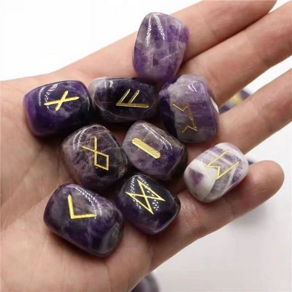 1 set 25pcs Natural Amethyst Viking Runes Engraved Stone Tumbled Stone Nuggets Display Decoration Reiki Healing Stone Ornament 12~25mm Amethyst