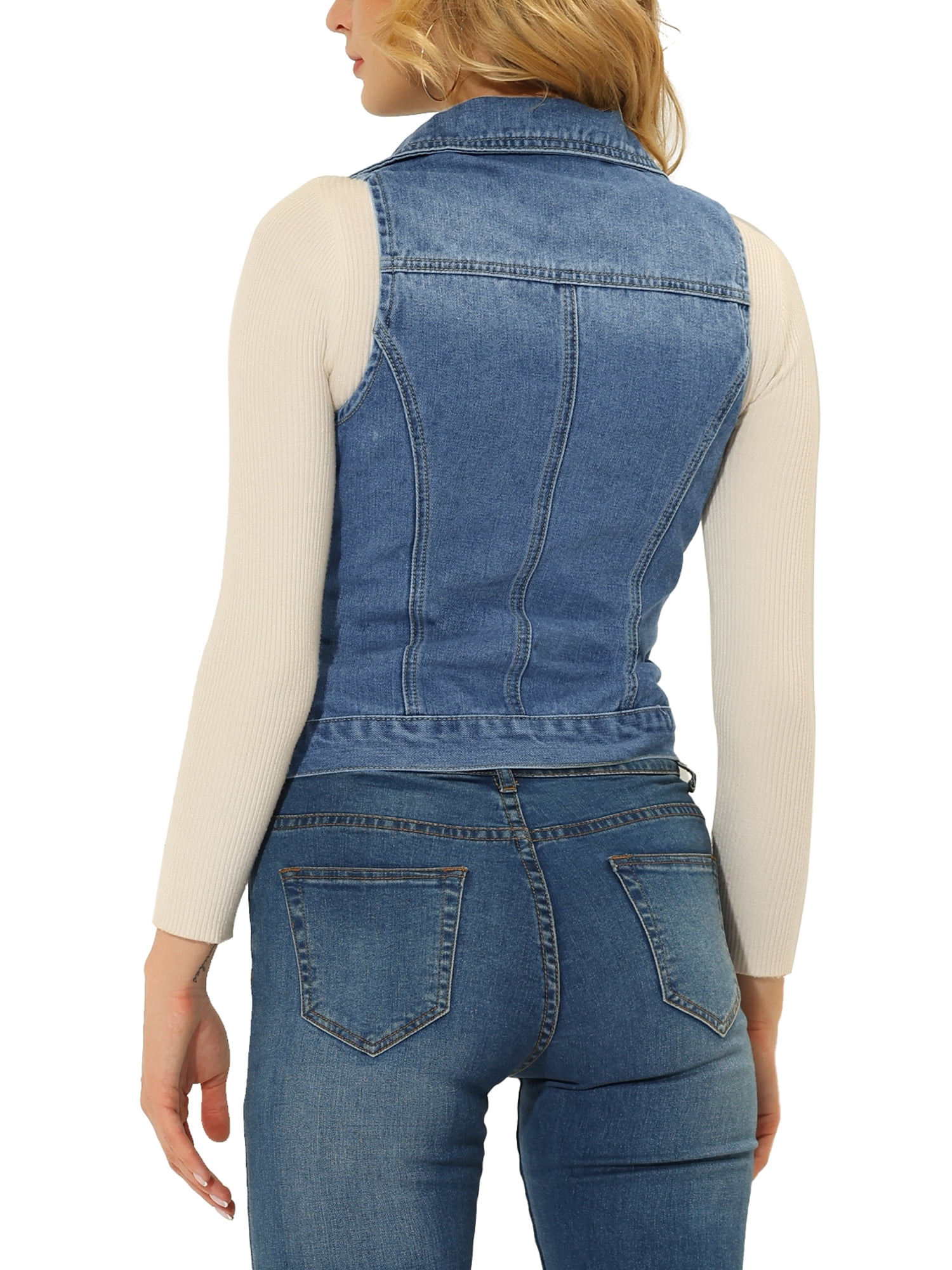 Unique Bargains Women's Notched Lapel Asymmetrical Zip Up Sleeveless Denim Vest Jacket