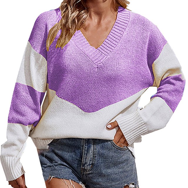 Gibobby Sueter para mujer Suéter informal cómodo con cuello en V y bloque de color para mujer para otoño e invierno(Morado,CH)