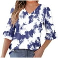 thumbnail image 2 of Summer Akafmk 3/4 Sleeve Shirts for Women,Summer Womens Tie-dyes Top,Casual Printed Quarter Sleeved V-neck Ruffle Top, 2 of 5