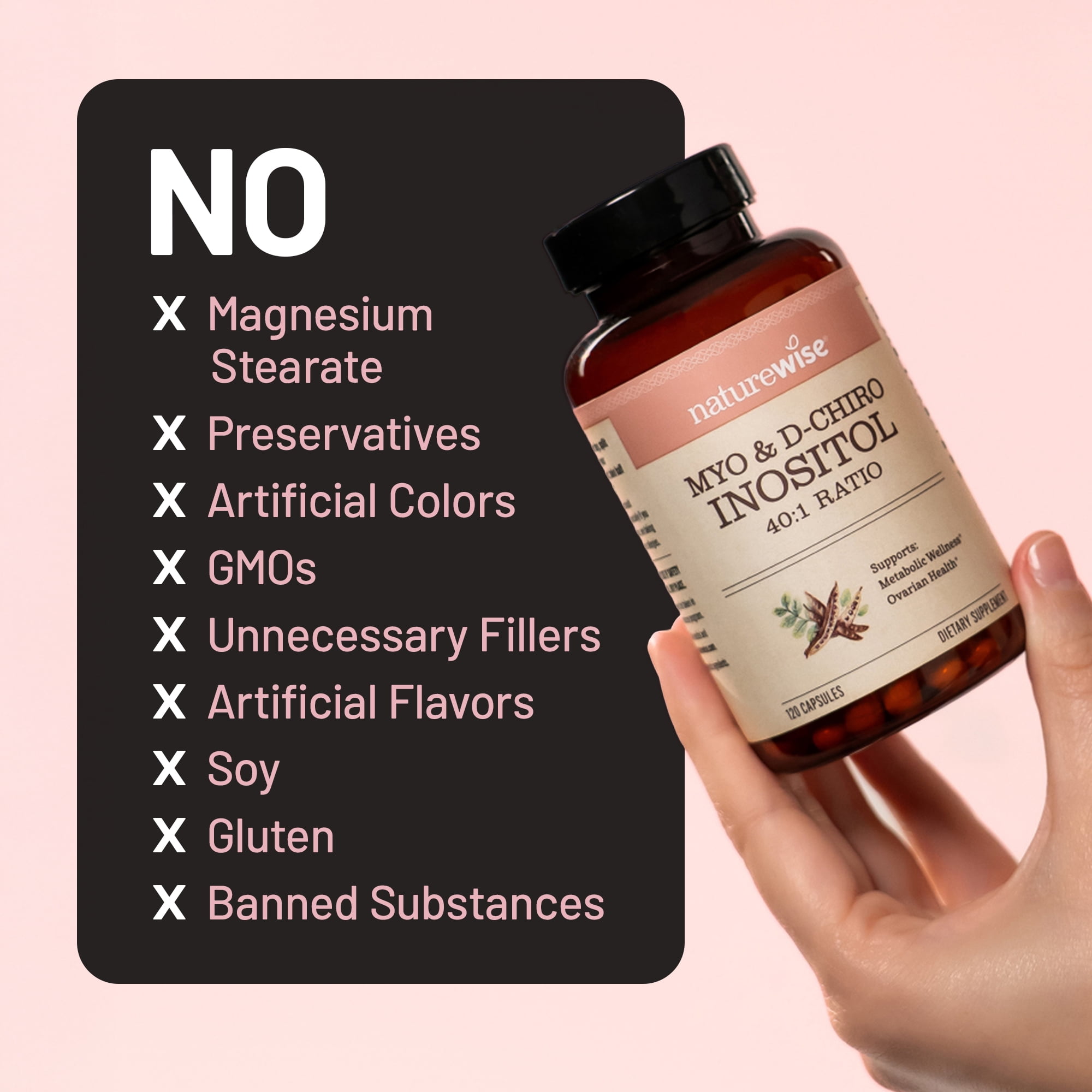 NatureWise Myo-Inositol & D-Chiro Inositol Supplement for Women  - Ideal 40:1 Ratio Myo-Inositol to D Chiro Inositol - Fertility Supplements for Women- Vegan, Non-GMO - 120 Capsules[30-Day Supply]