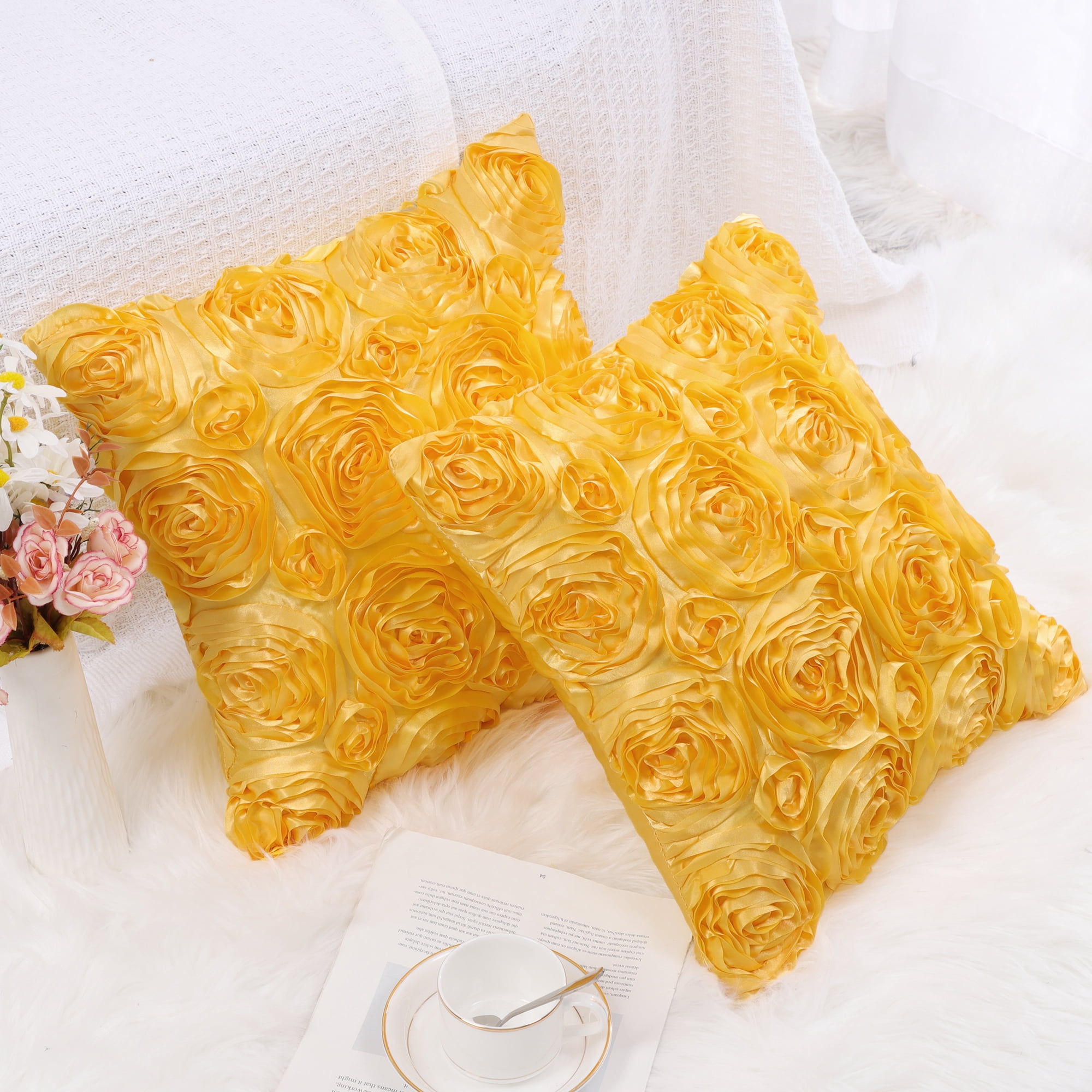 PiccoCasa Decorative Throw Pillow Covers 3D Satin Rose Flower Shells Cushion Covers, 2Pcs, 16"x16" Gold Tone