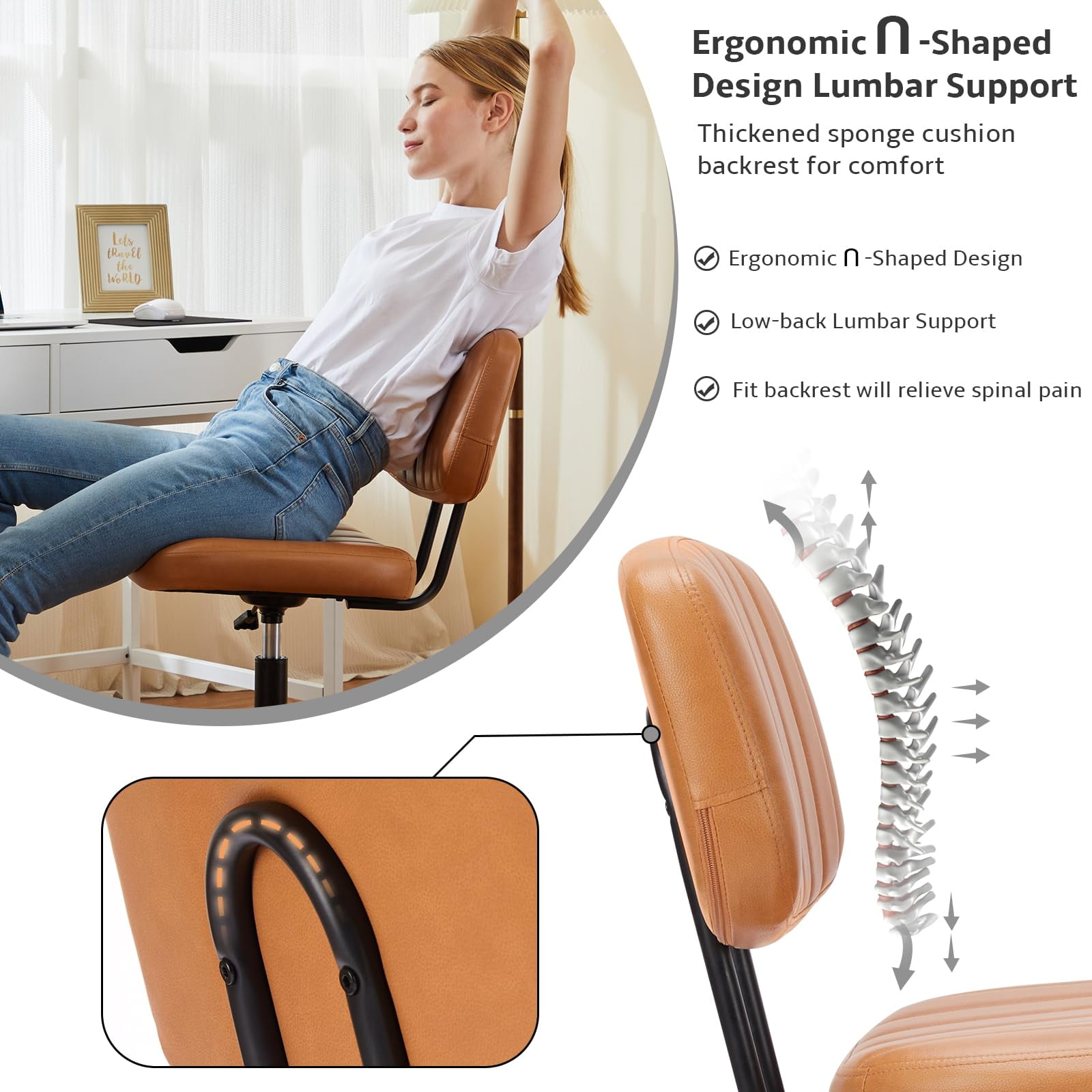 edx Adjustable Height Armless Office Desk Chair with Wheels, PU Leather Mid Back 360°Swivel Small Computer Chair, Modern Task Chair for Home Office Reading Meeting Room, Brown