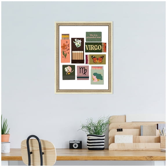 Kate and Laurel Framed Wall Art Print Virgo Matchbooks 14x18 FC by Megan Ryan, 16 x 20, Castellan Distressed White Frame, Whimsical, Typography Art for Wall Decor