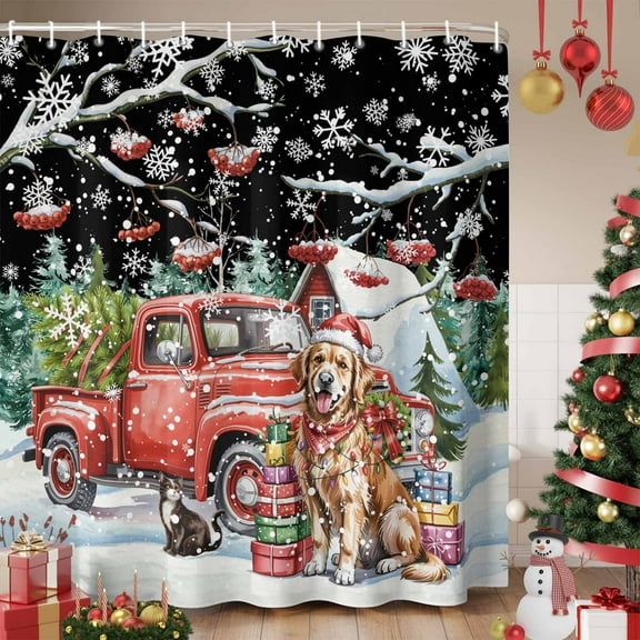Black Christmas Shower Curtain, Xmas Winter Snowflakes Red Truck Dogs Waterproof Fabric Shower Curtains with 12 Hooks, Bathroom Curtain Set for Bathroom Accessories Decor, 36 x 72 Inches