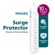 Philips 10ft 6 Outlet Surge Protector Power Strip, Braided Extension Cord, Outlet Extender, 1080 Joules, Flat Plug, Wall Mount, On Off Switch, White
