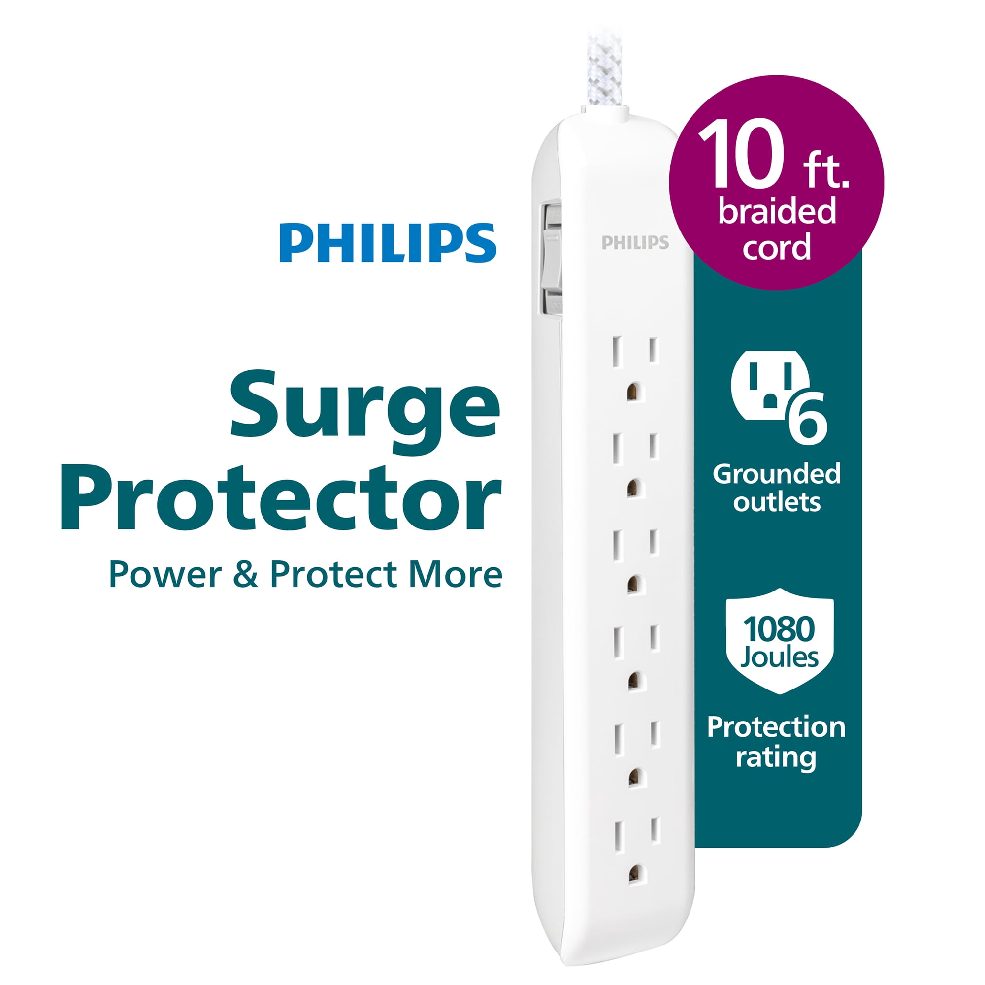 Philips 10ft 6 Outlet Surge Protector Power Strip, Braided Extension Cord, Outlet Extender, 1080 Joules, Flat Plug, Wall Mount, On Off Switch, White