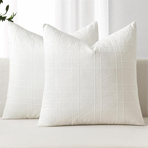 HAYAN Decorative Linen Check Throw Pillow Covers Neutral Farmhouse Vintage Pillow Covers Christmas 20x20 Inch Set of 2 Boho Modern Home Decor for Sofa Couch Bedroom Cushion Chair Cream White