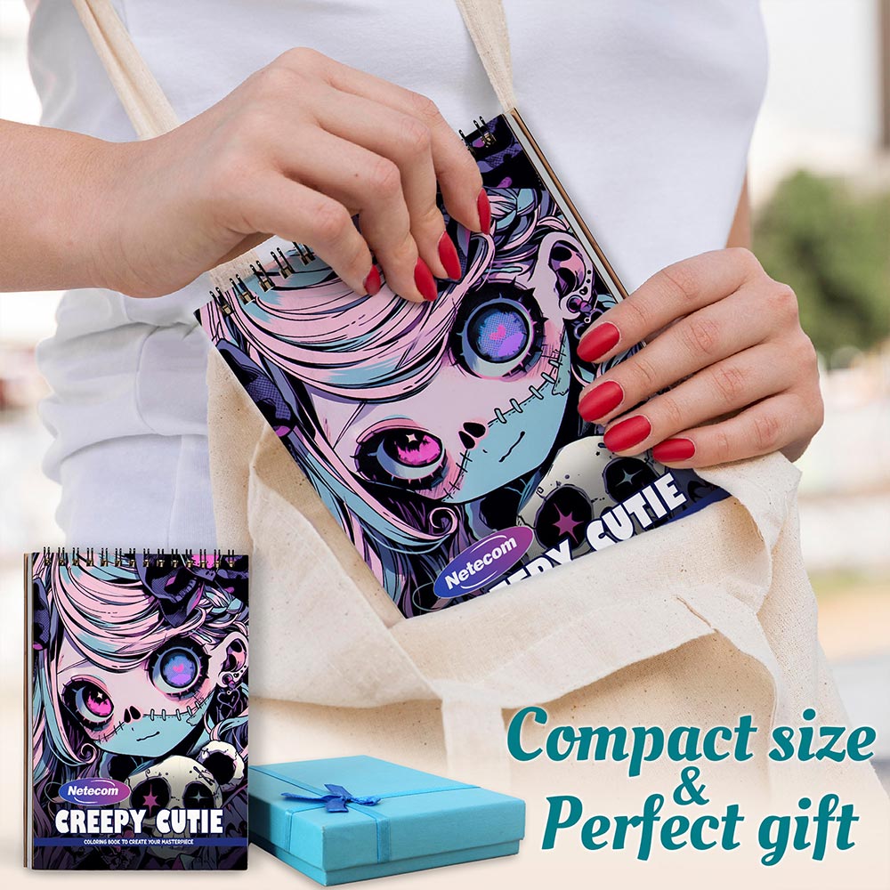 Netecom Creepy Cutie Coloring Book Spiral Bound For Adults, A5 Wooden Cover, 30 Delightful Coloring Pages of Playful Monsters for Stress Relief and Relaxation