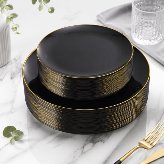 60PCS Black Disposable Plastic Plates with Gold Rim - 30pcs 10.25" Dinner Plates & 30pcs 7.5" Dessert Plates for Wedding, Party, Graduation, Father's Day