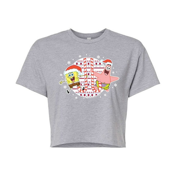 SpongeBob SquarePants - Spongebob Patrick Candy Canes - Juniors Cropped Cotton Blend T-Shirt