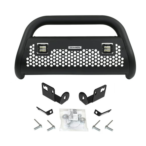 Fits 2009-2023 Ford F-150 Go Rhino Bull Bar 55882LT Rhino Charger- RC2 Light Ready; Black Textured Powder Coated Steel; 3 Inch Diameter; With 2 Central 3 Inch Square Lights