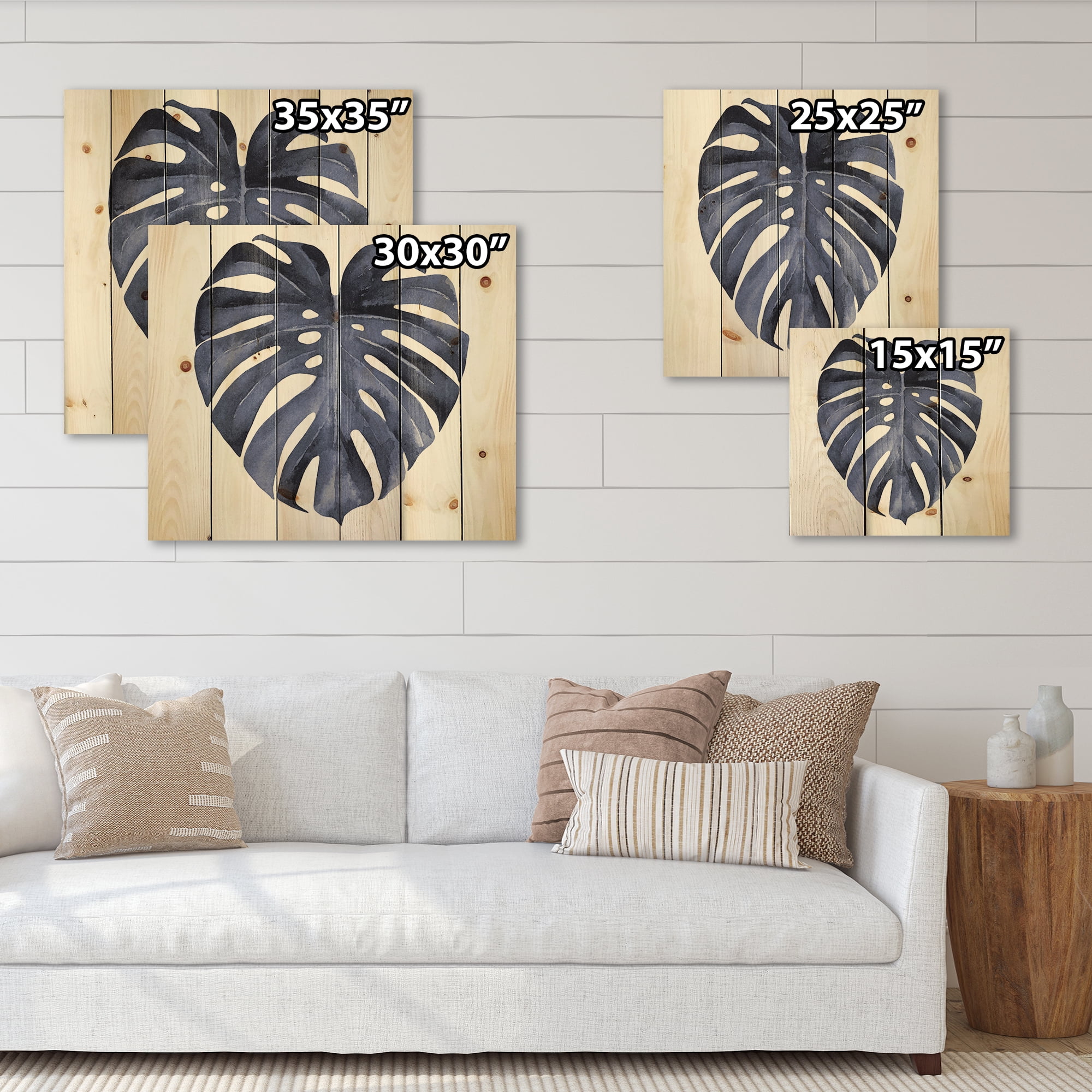 Designart 'Blue Watercolour Tropical Leaves III' Traditional Print on Natural Pine Wood