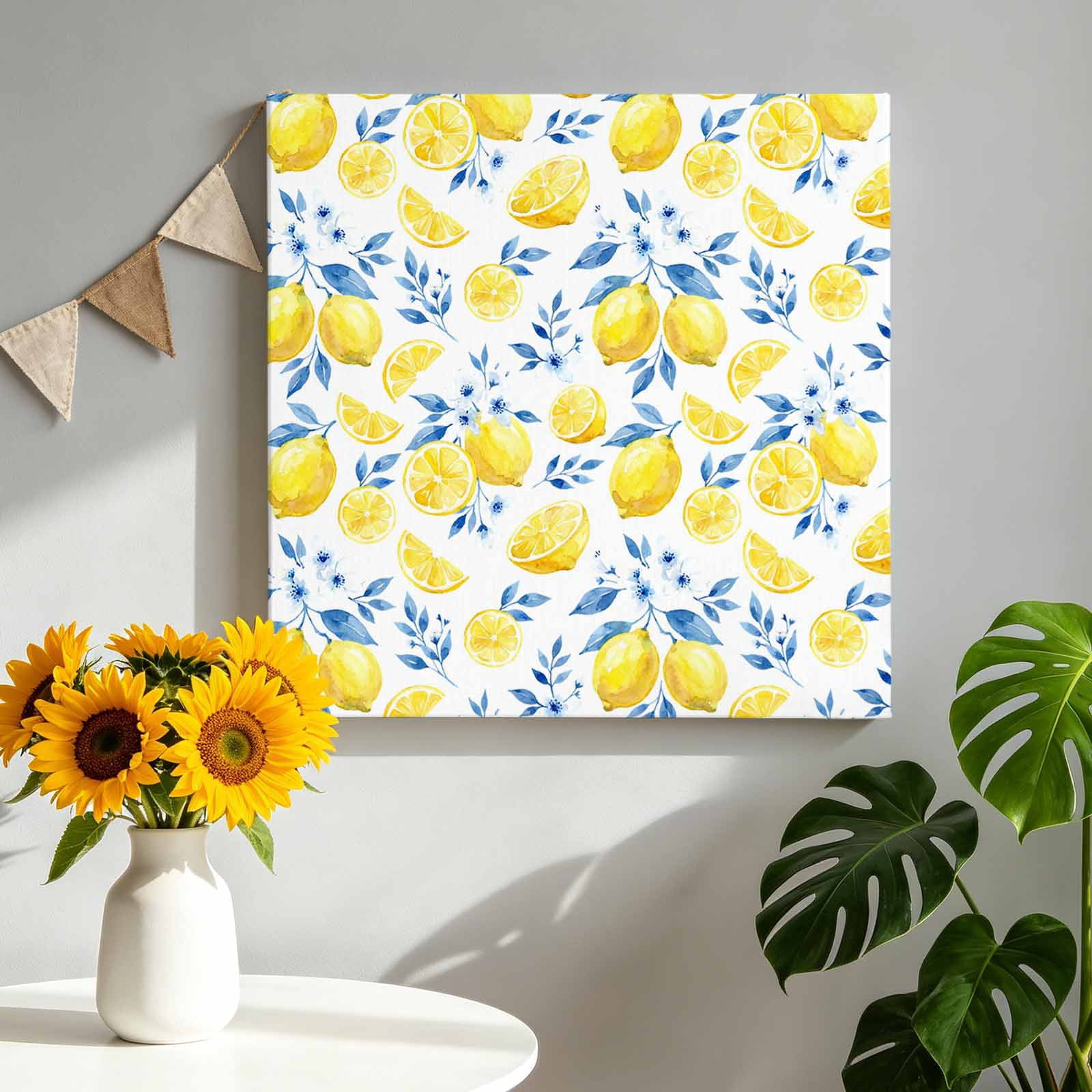 Summer Fruit Canvas Wall Art for Living Room, Watercolor Lemon Cute Frangipani Blue Leaf Farmhouse Poster Print Painting for Bedroom Office Home Decoration Wall Pictures Prepare To Hang 16"x16"