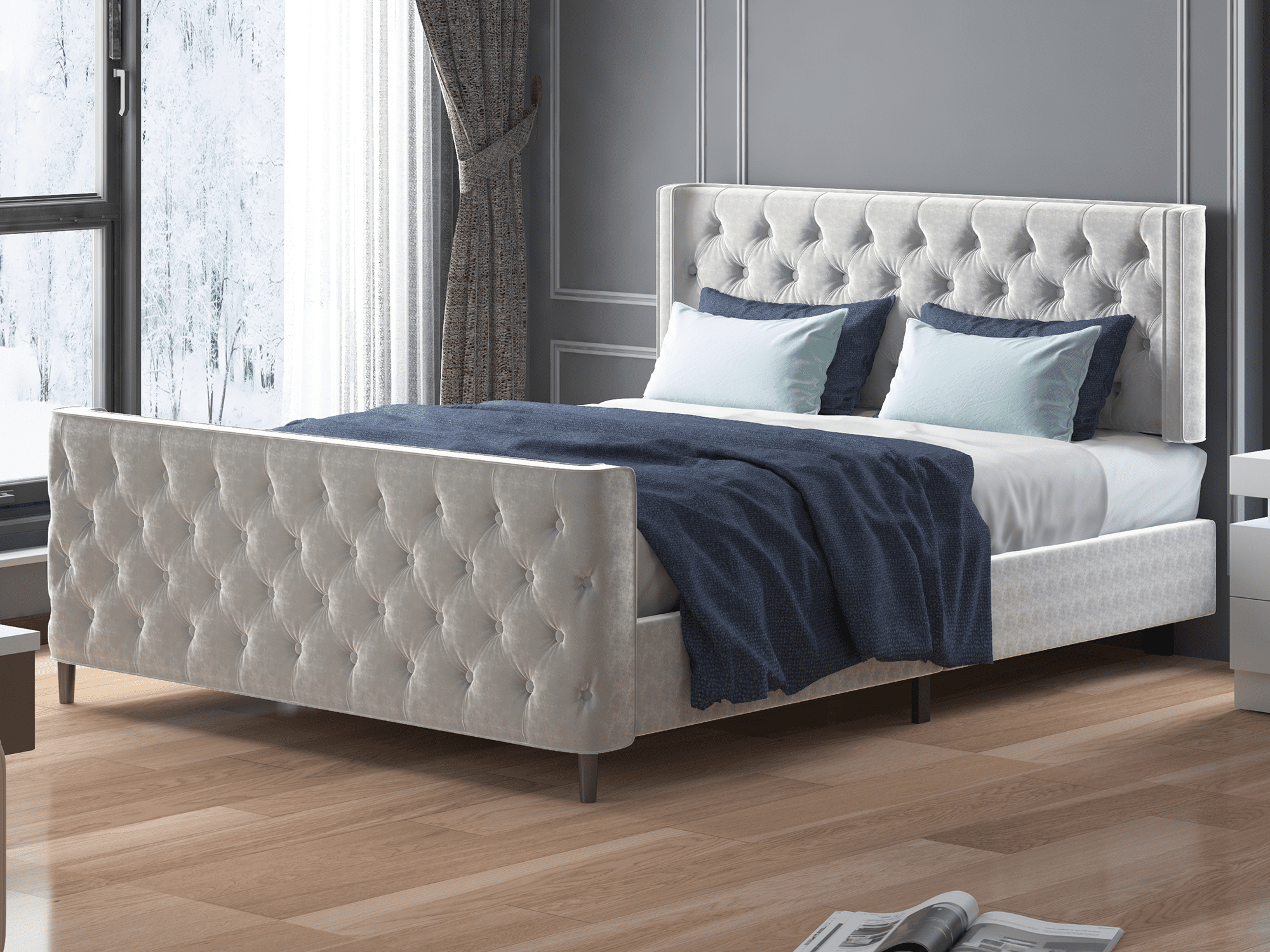 Mjkone Queen Upholstered Bed Frame with Headboard and Dutch Velvet/Wood