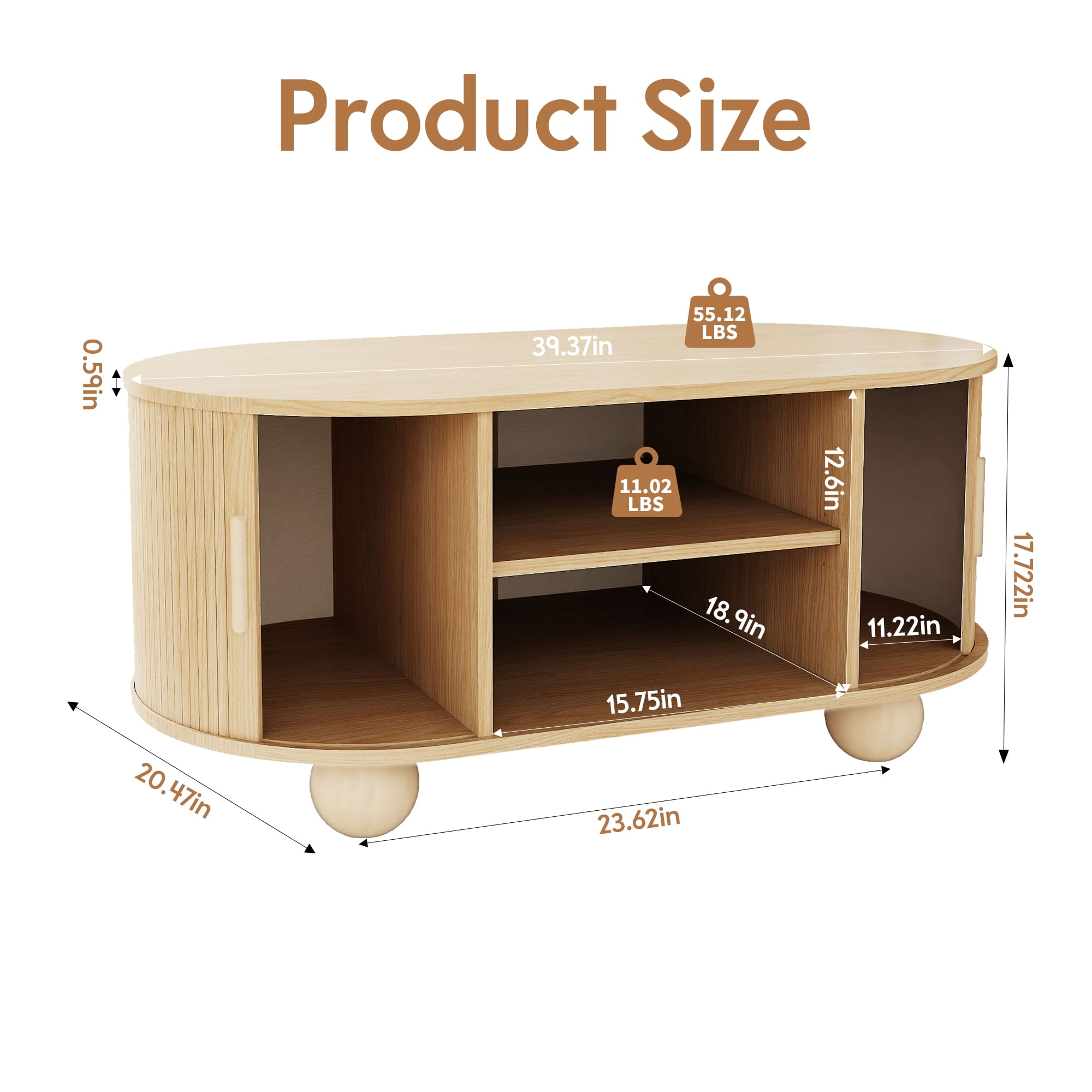 Wirrytor Oval Coffee Table with Sliding Door and Storage, Mid Century Modern Wood Center Table, 2-Tier Tea Cocktail Table for Living Room, Farmhouse Style Furniture with Hidden Compartment