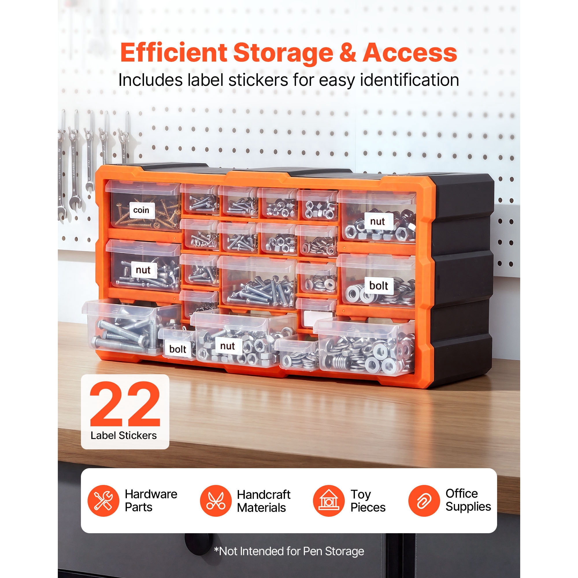 KFFKFF 22-Drawer Plastic Storage Organizer, Stackable Cabinet for Garage Organization, Wall-Mountable Toolbox for Hardware, Beads, Screws, Crafts, and Building Bricks