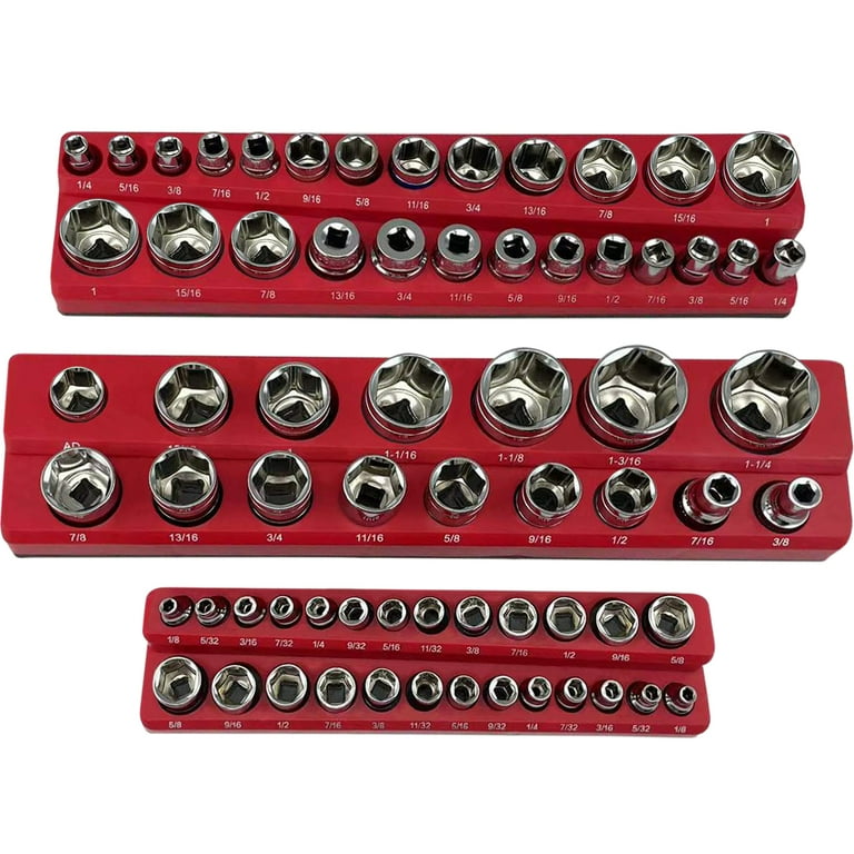 VEVOR 3 Pack SAE Magnetic Socket Organizers 1 2 inch 3 8 inch 1 4 inch Drive Socket Holders Hold 68 Sockets Red Tool Box Organizer for Sockets