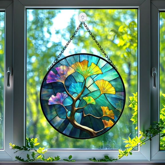89Bloom Ginkgo Window Hanging Stained Glass, Ginkgo Suncatchers for Windows Stained Glass, Stained Glass Ginkgo suncatcher