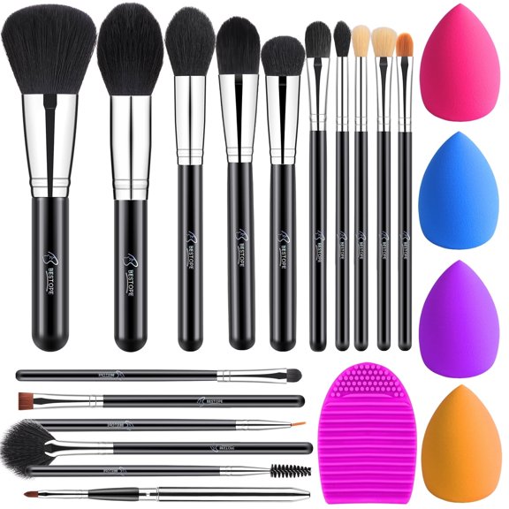 Bestope 16Pcs Makeup Brush Set with Synthetic Fibers, Sponge *4, Black