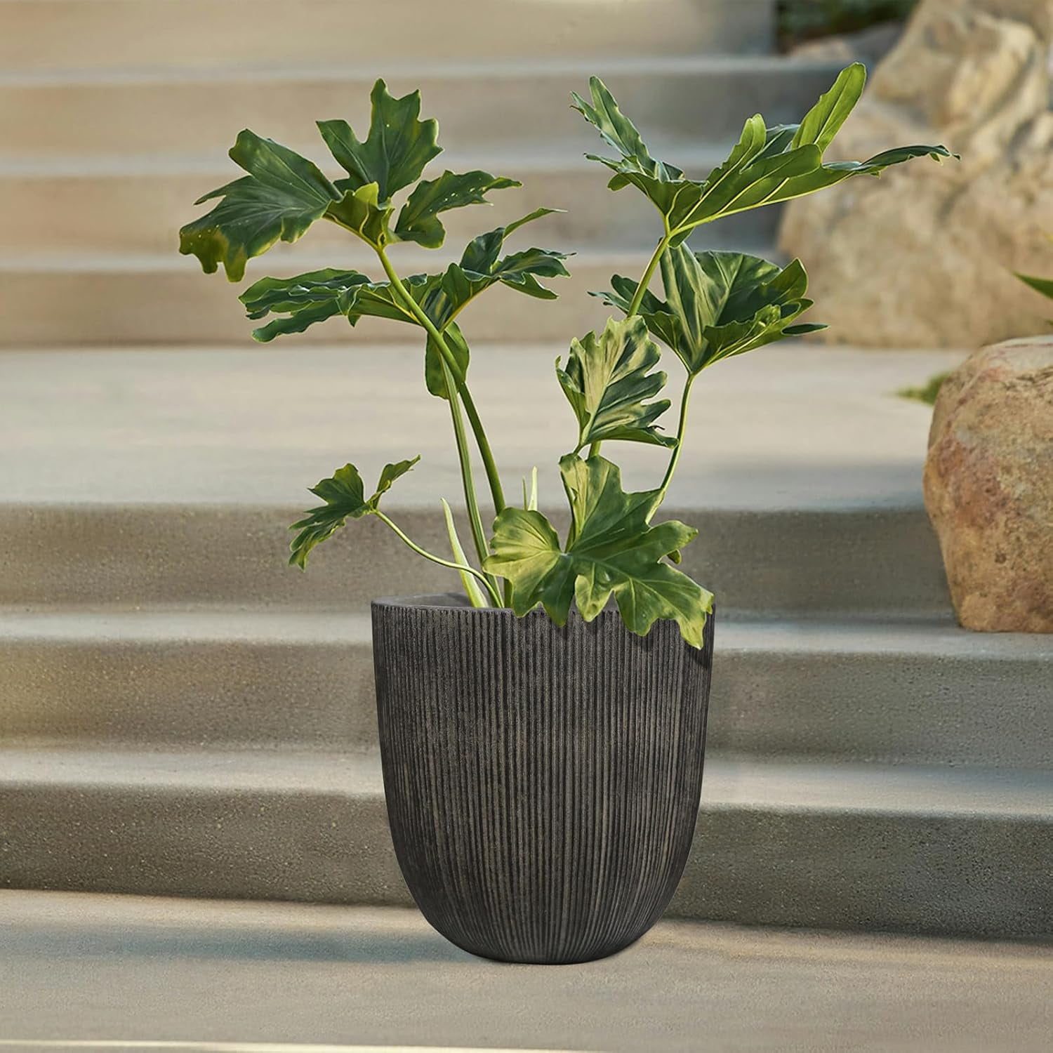 Vintage Black Faux Cement Ribbed Planter, 12.4"H Tall Tapered Egg-Shaped Plastic Plant Pot with Drainage Hole & Plug, Large Modern Indoor Outdoor Flower Pot for Home, Garden, Patio and Houseplants