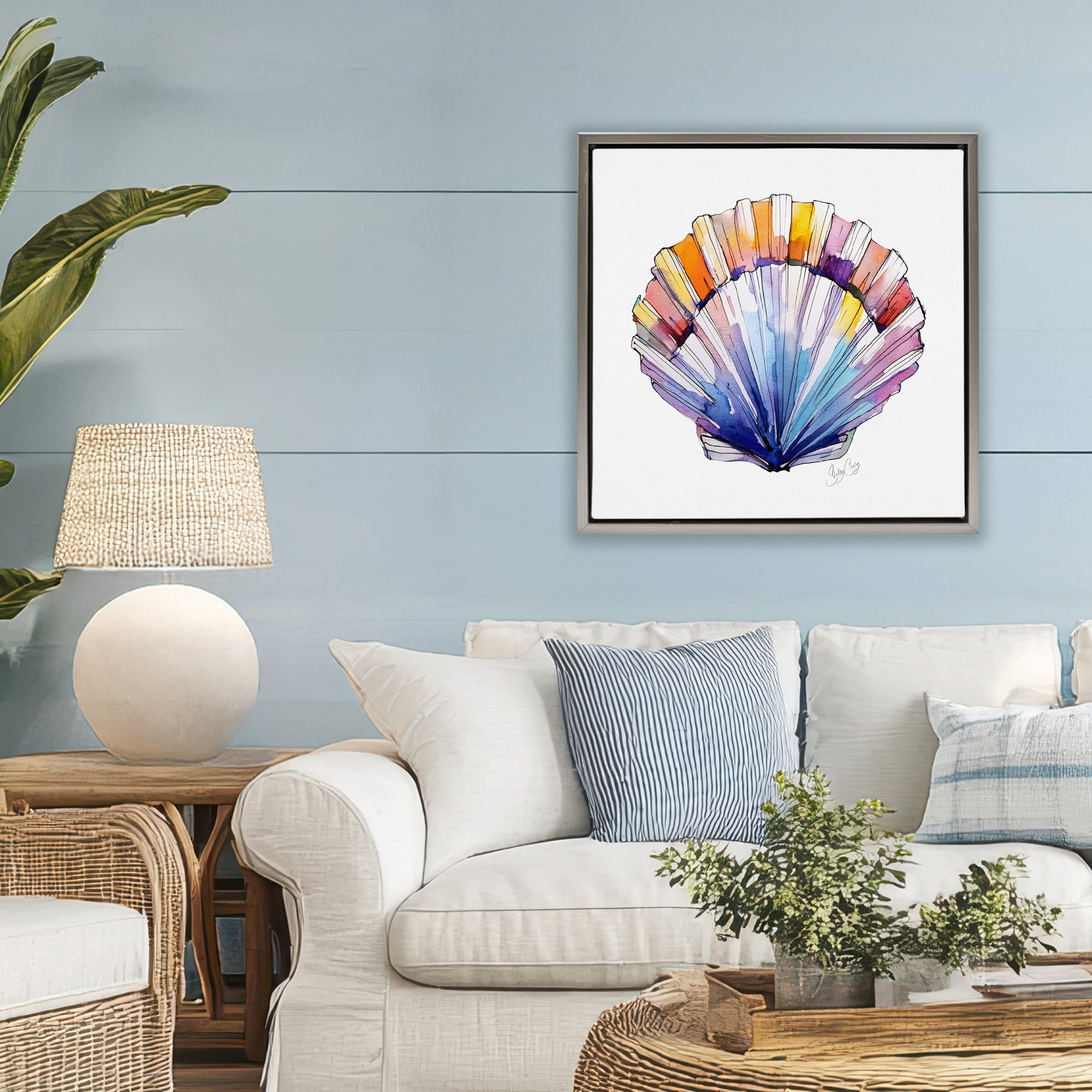 Stupell Industries Coastal Scallop Watercolor Gray Framed Floater Canvas Wall Art, design by Shelly Craig