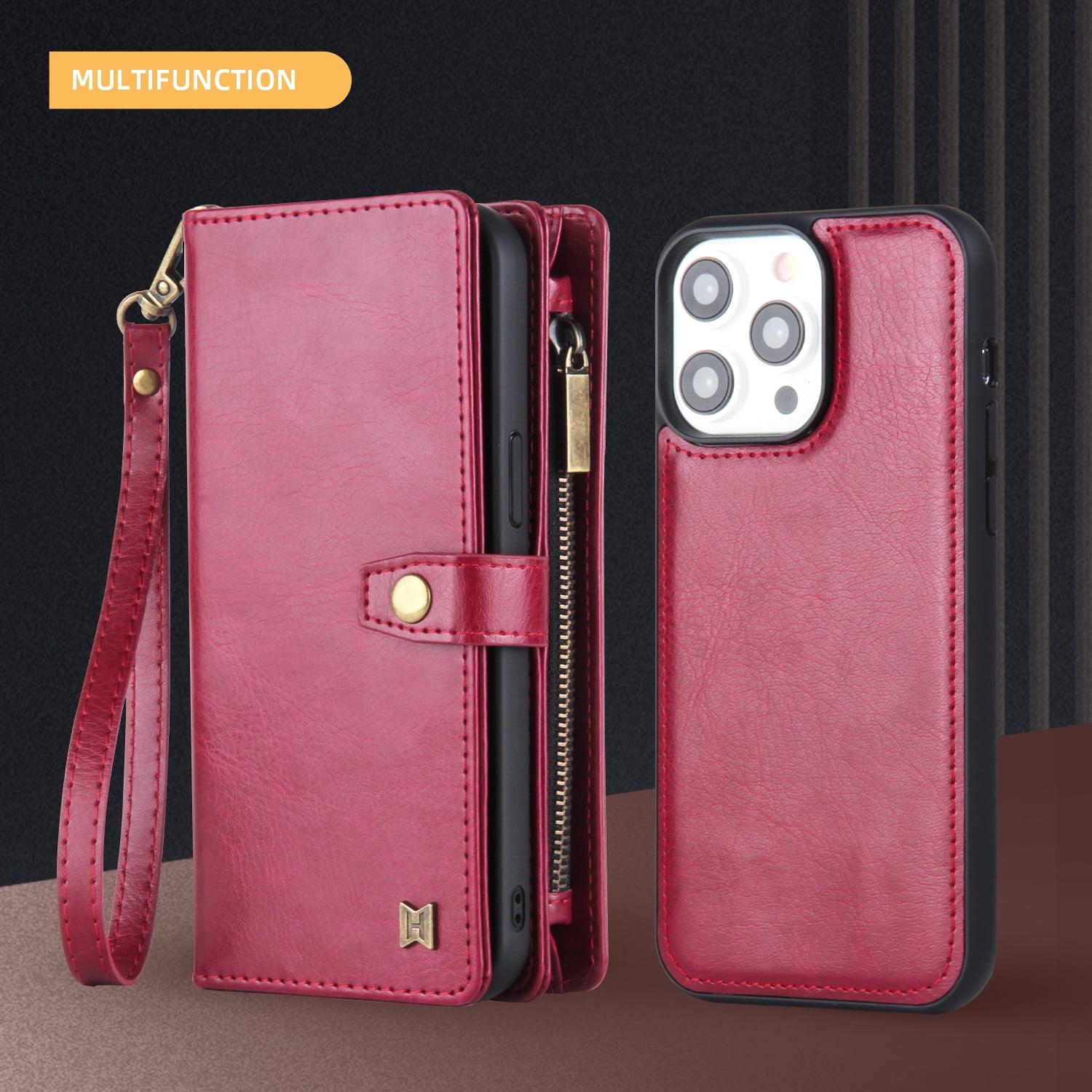 2 In 1 Wallet Phone Case for Apple iPhone 13 Pro Max, Detachable Magnetic Back Cover with Cards Holder Zipper Pocket Hand Wrist RFID Blocking Snap Closure Shockproof Case for iPhone 13 Pro Max, Red