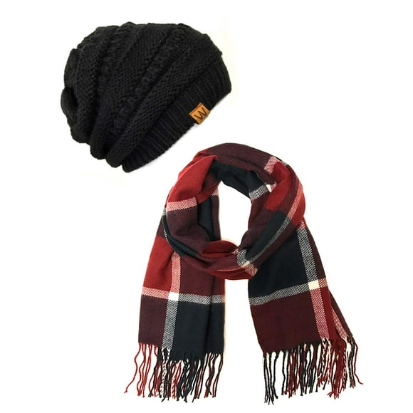 Wrapables Ensemble Foulard Longue d'Hiver Chaude à Carreaux et Bonnet, Marine/vin + Bonnet Noir