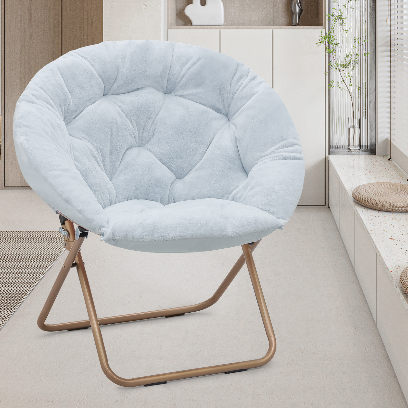 Magshion Folding Saucer Chair with Faux Fur Upholstery, Lounge Cozy Chair Moon Chair with Gold Metal Frame for Dorm Bedroom Living Room, Blue - image 3 of 10