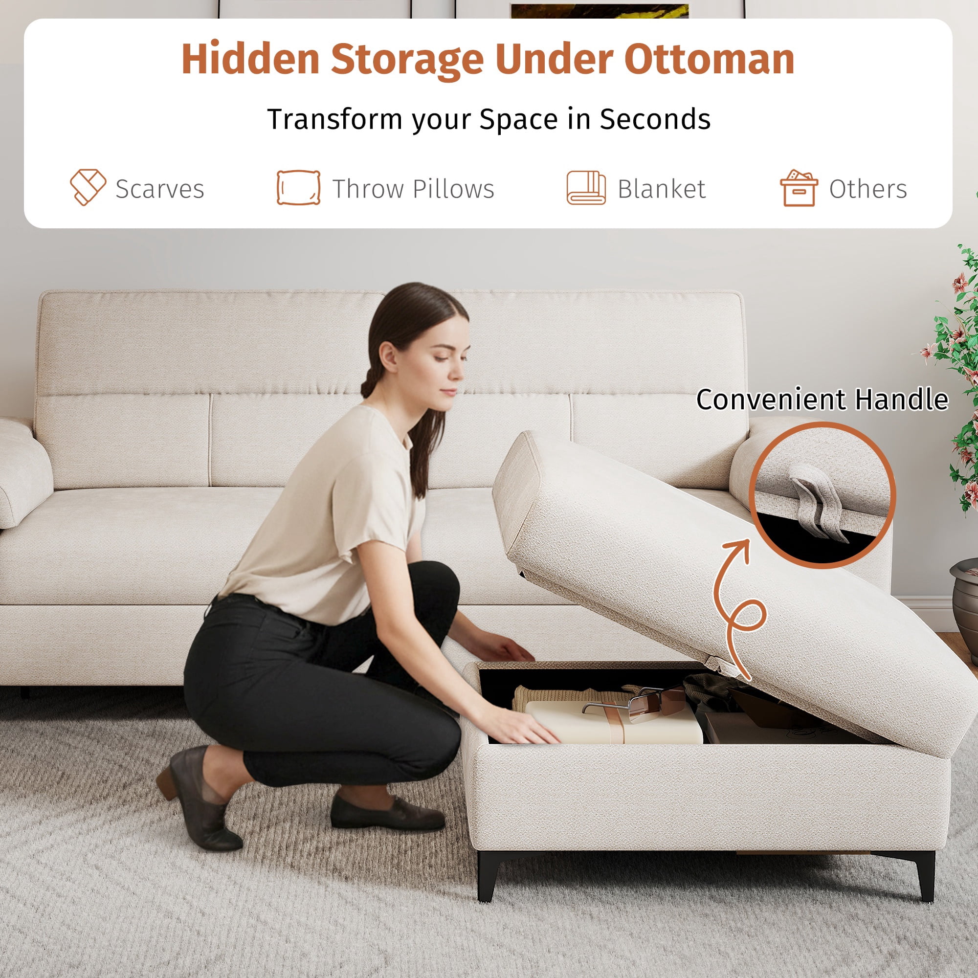 Modular Storage Ottoman for Sectional Sofa Chenille Upholstered Footrest Stool for Living Room Beige