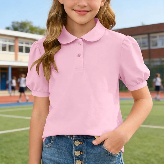Eltusu Boys Summer T-Shirts, Pullover Button Short Sleeve Collared School Uniform Tops Pink Size 5-15 T