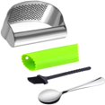 thumbnail image 1 of Stainless Steel Garlic Press Rocker with Green Silicone Peeler and Cleaning Brush & Coffee Spoon, 1 of 8