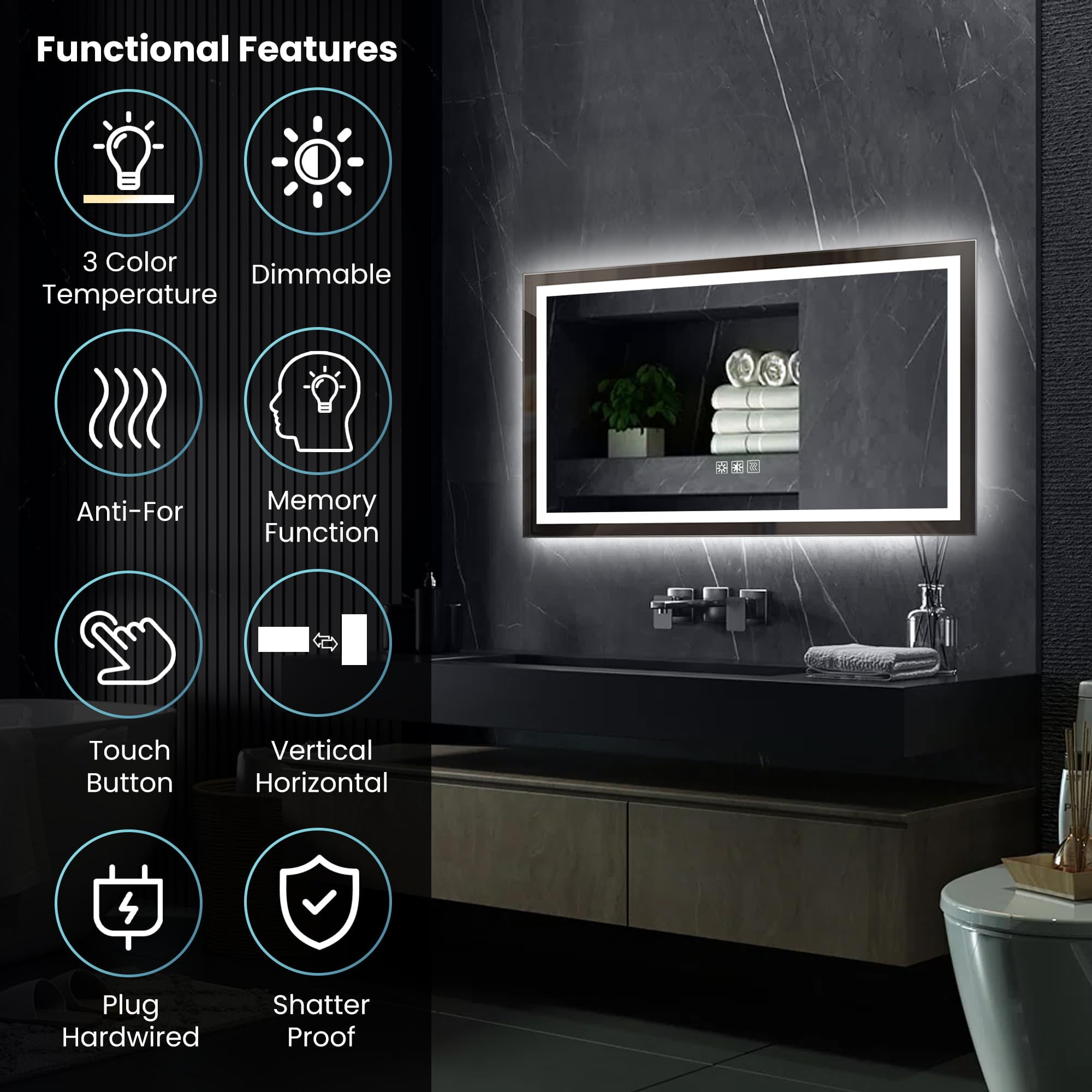 Aukfa 60x32 Inch LED Bathroom Mirror with Lights, Anti-Fog, Dimming, Wall Mounted Waterproof Makeup Mirror - Smart Touch Vanity Lighted Mirror for Enhanced Bathroom Experience